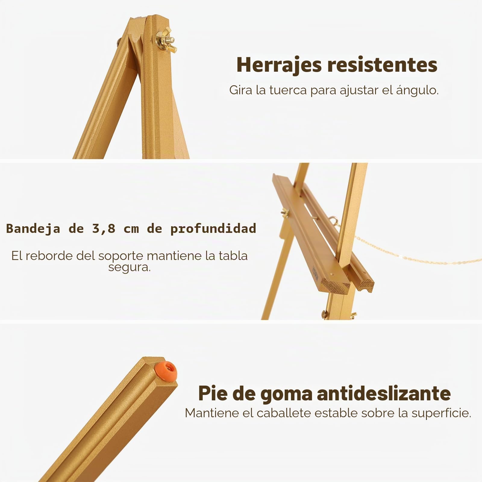VISWIN 3Piezas Caballete Dorado para Boda, Caballete de Madera Ajustable para Cartel, Póster, Cuadro y Foto, Caballete Pintura Ajustable