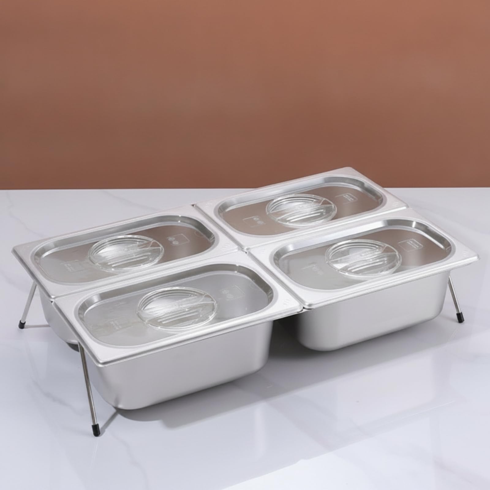 Vassoio a 4 Scomparti da Banco Vassoio in Acciaio con Supporto Professionale per Ristoratori, 4 Scomparti 15cm + Supporto 16cm