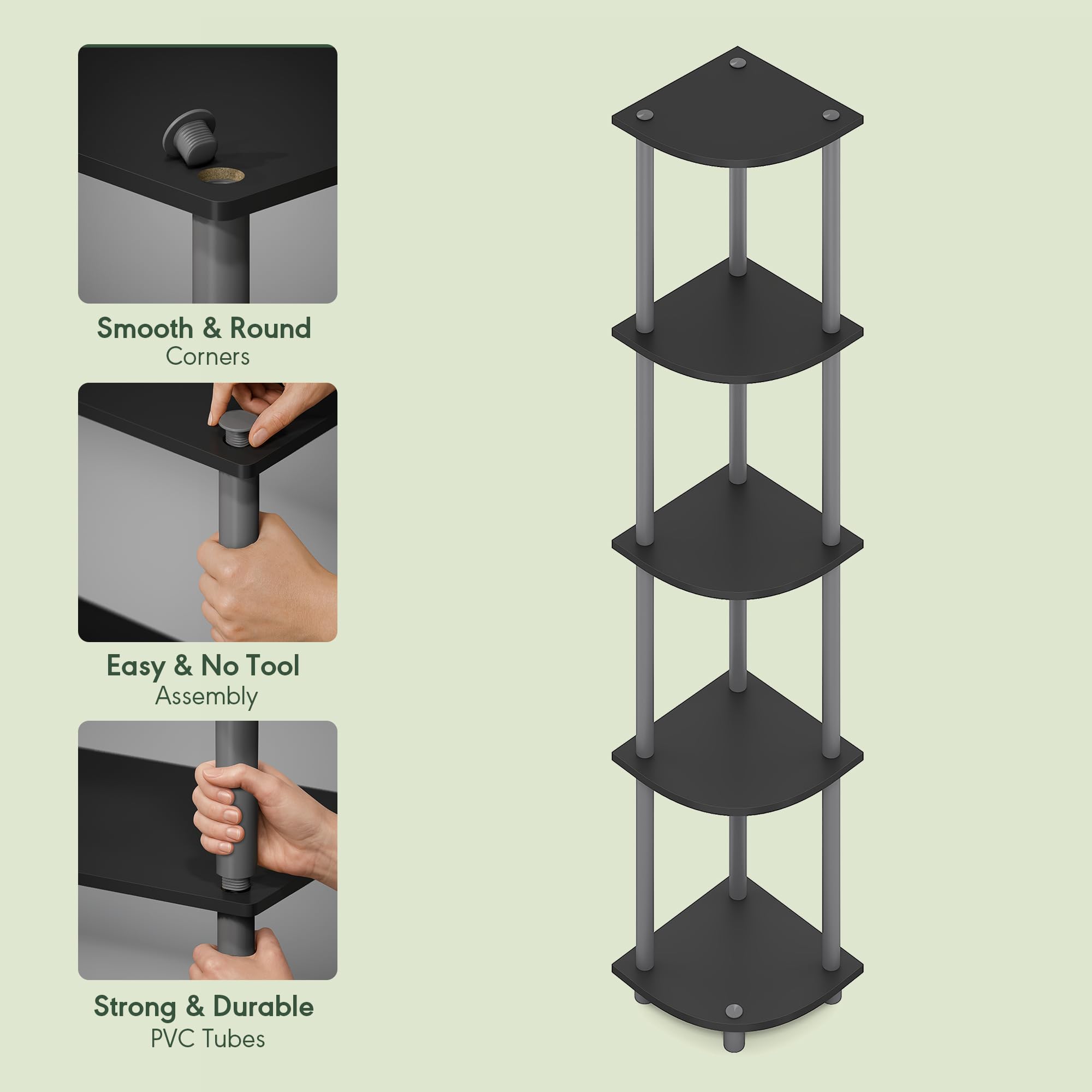 Furinno TURN-N-TUBE Scaffale Angolare, Libreria Angolare a 5 Ripiani, Scaffali di Stoccaggio Aperti, per Organizzazione e Ripostiglio, Soggiorno, Home Office, Garage, Camera da Letto, Nero Semplice