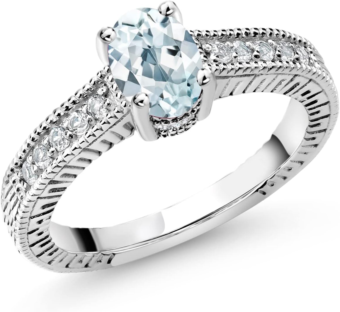 Gem Stone King 925 Sterling Silver Sky Blue Aquamarine and White Topaz Women Engagement Ring (0.95 Ct Oval)