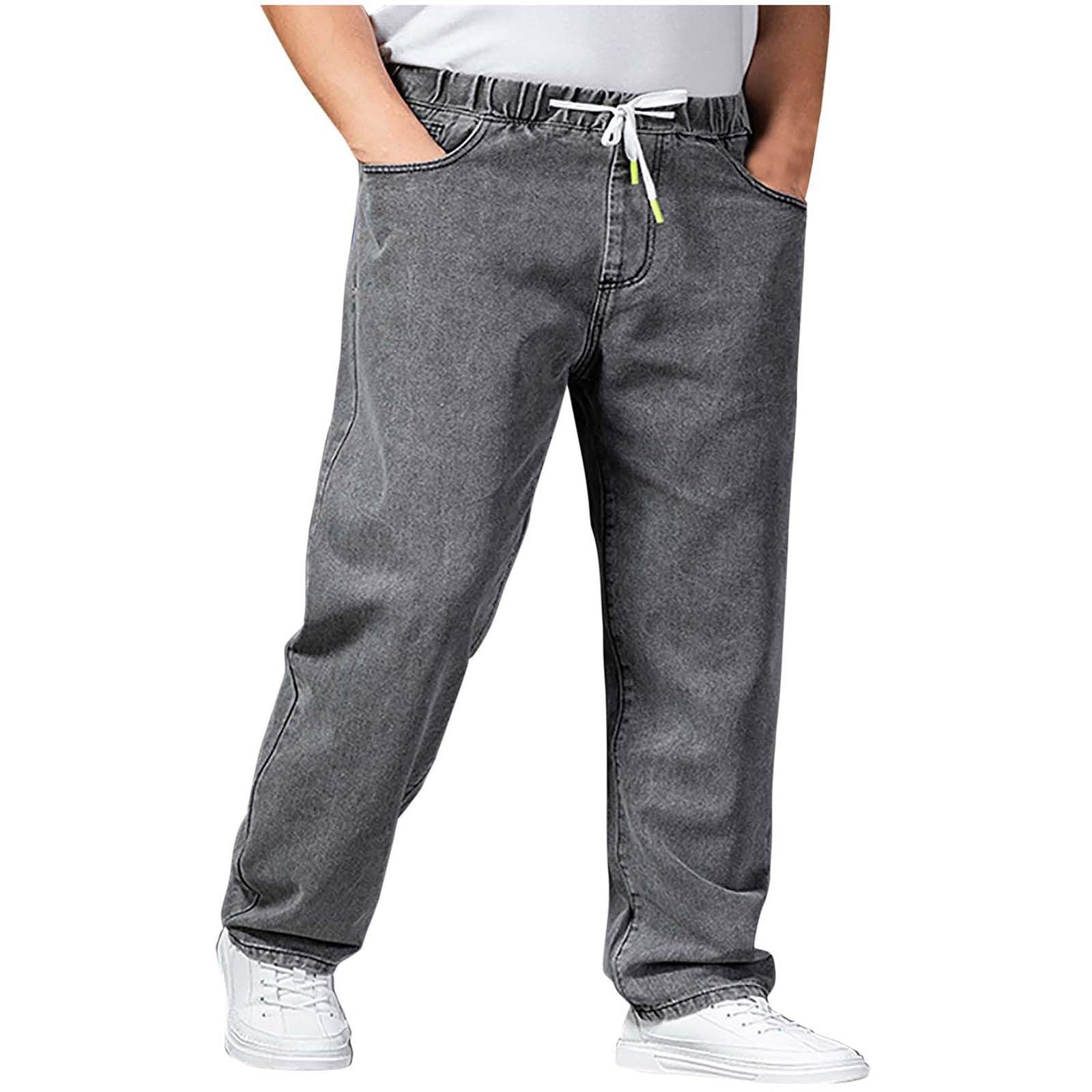 Jeans da uomo elasticizzati con tasche laterali, jeans da uomo, vestibilità comoda, in denim, in vita elasticizzata, con gamba larga, jeans alla moda, con coulisse e tasche