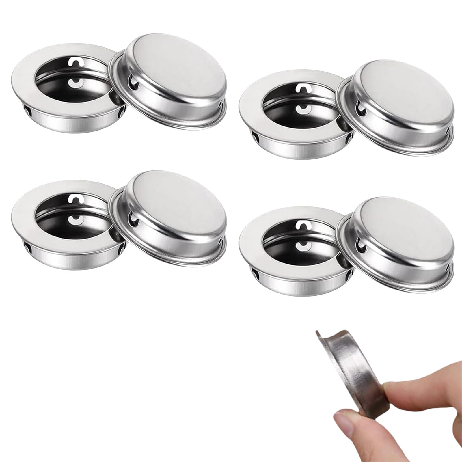ZenithQuest 6 Pack Round Recessed Pull Handles, 304 Stainless Steel Brushed Silver Concealed Finger Pulls, Flush Mount Handles for Sliding Doors, Cabinets, Drawers, Wardrobes