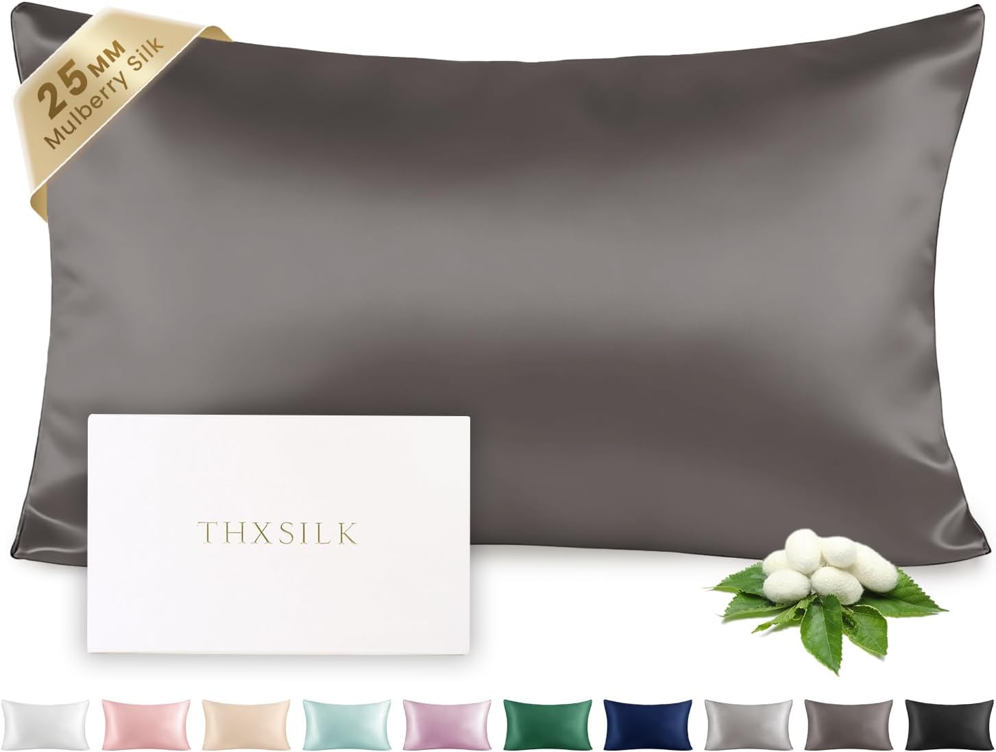 THXSILK 100% Silk Pillowcase for Hair and Skin Luxury 25 Momme Mulberry Silk, Pillow Cases with Hidden Zipper - Standard Size, White