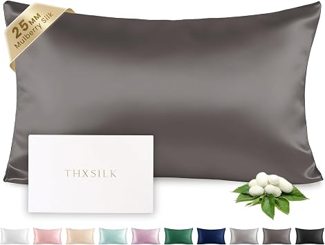 THXSILK 100% Silk Pillowcase for Hair and Skin Luxury 25 Momme Mulberry Silk, Pillow Cases with Hidden Zipper - Queen Size, Charcoal