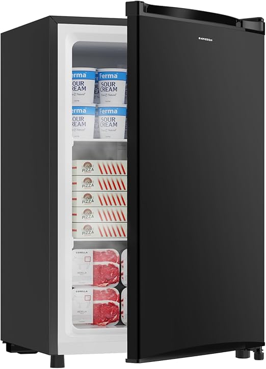 BANGSON 3.0 Cu.ft Compact Upright Freezer, Energy-Saving Mini Freezer with Adjustable Thermostat, Removable Shelves, Reversible Black Door, Ideal for Garage/Dorm/Office/Apartment, Black