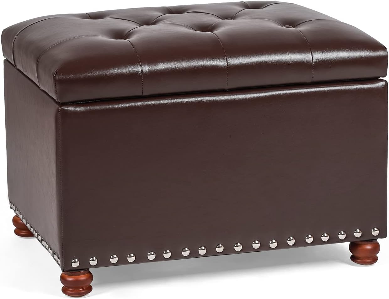 Decent Home Leather Storage Ottoman Bench with Nailhead Trim - Dark Brown Button Tufted Footrest Stool, 24x17.5 Inch