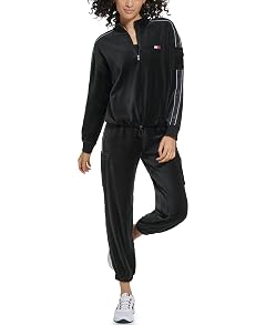 Tommy Hilfiger Womens Quarter Zip Velour Cargo Pullover Sweatshirt