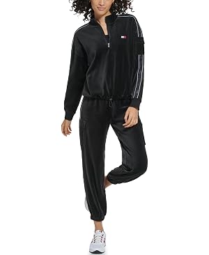 Tommy Hilfiger Womens Quarter Zip Velour Cargo Pullover Sweatshirt