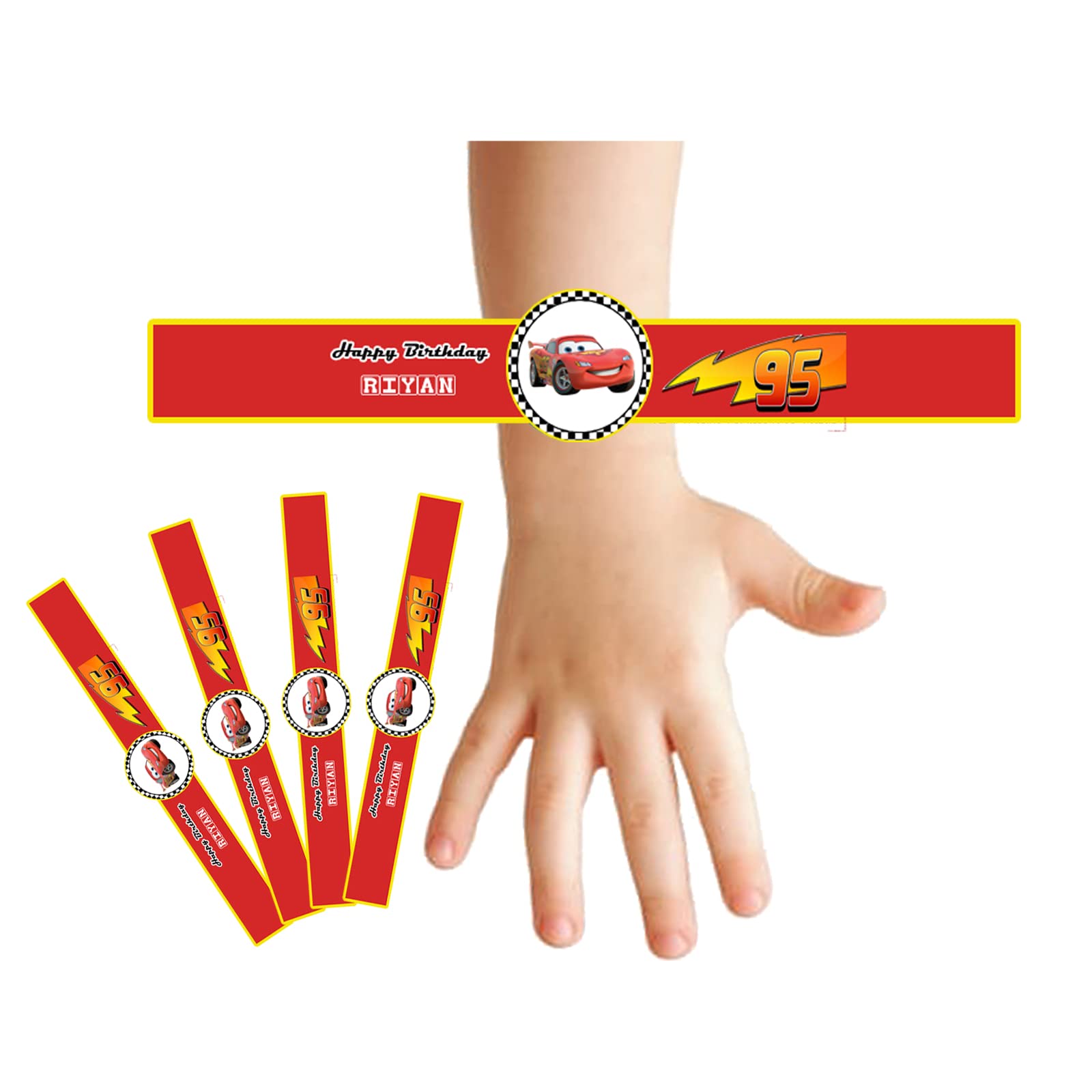 WoW Party Studio Personalized McQueen Car Theme Party Happy Birthday Decorations Wristbands with Birthday Boy/Girl Name - 12Pcs