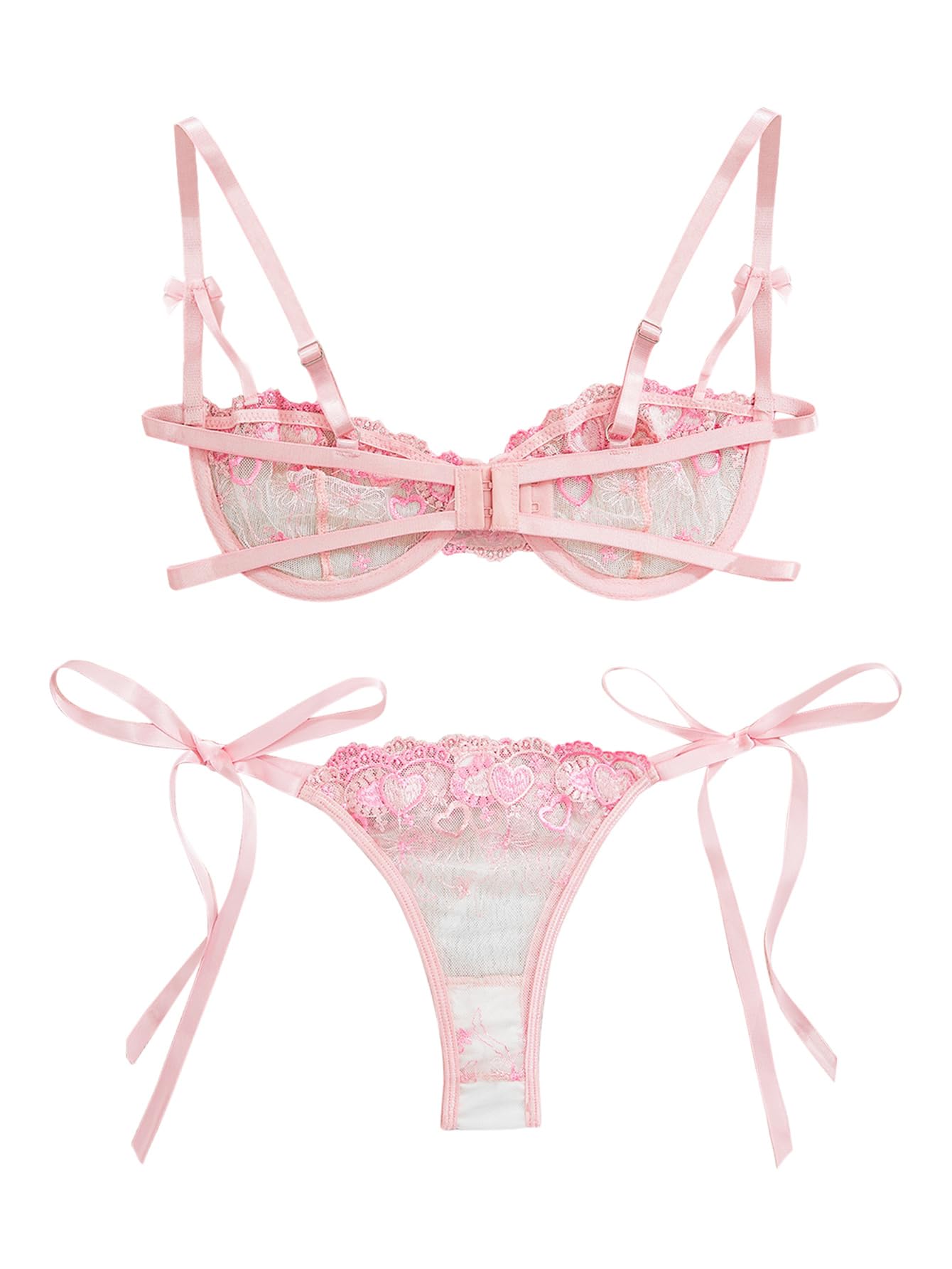 Lilosy Sexy Tie Side Cute Underwire Push Up Strappy Embroidered Mesh Sheer Lingerie Set: Bow X-Large Bow Hearts Pink