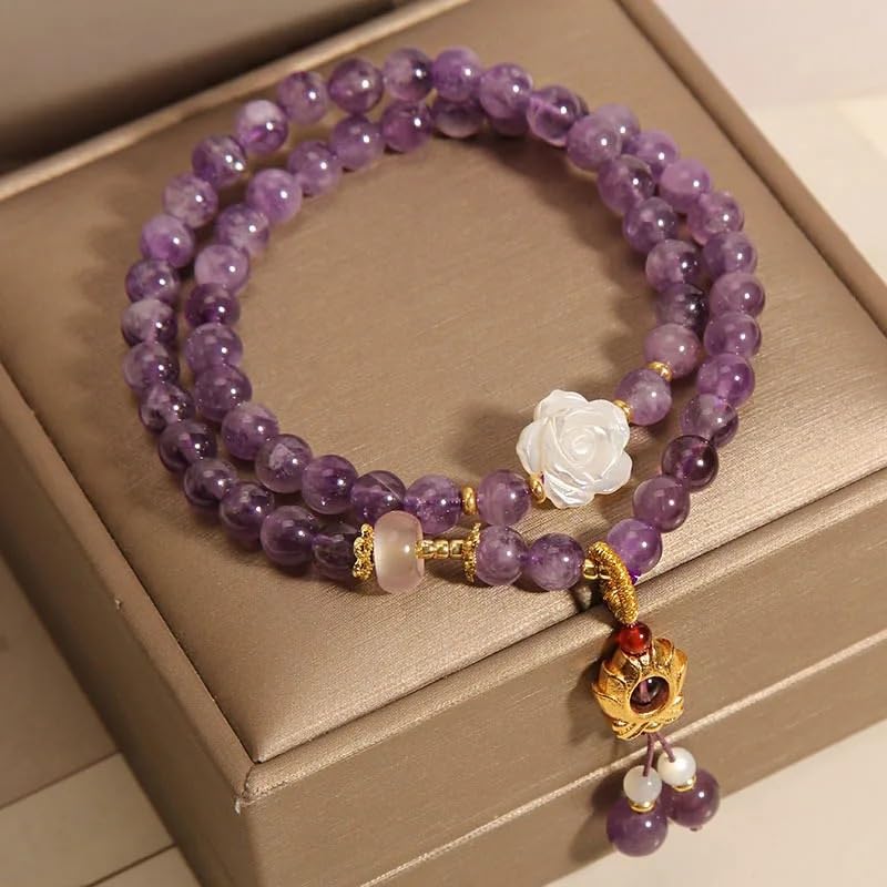 Natural Amethyst Double Layer Beaded Bracelets Orchid Rose Pendant Bracelet Jewelry4