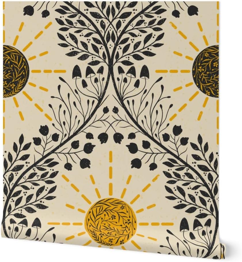 Peel & Stick Wallpaper 3ft x 2ft - Sun Life Providing Retro Mushroom Mushrooms Sunshine Botanical Custom Removable Wallpaper by Spoonflower