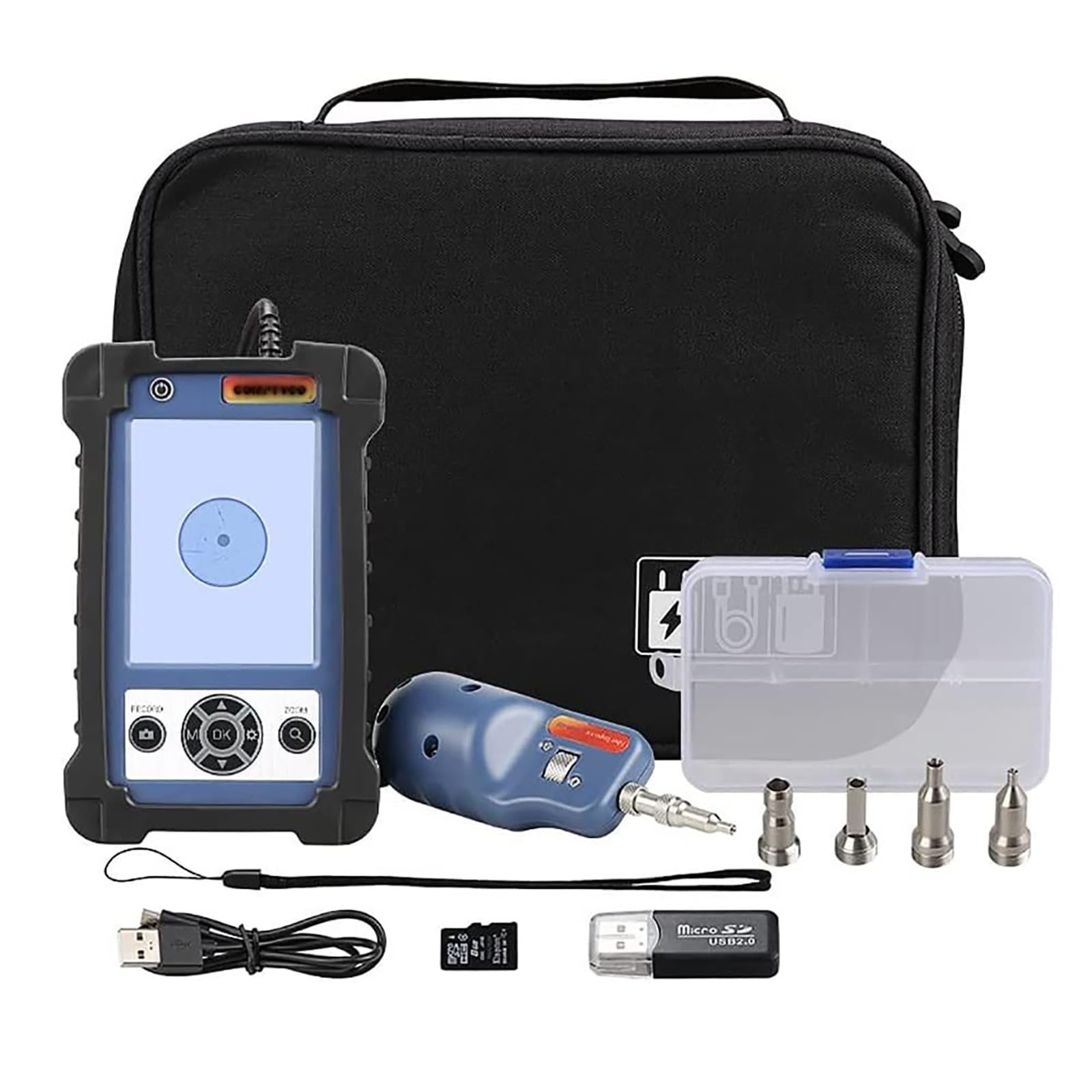 Kit de microscopio de inspección de fibra óptica con monitor de pantalla para análisis de conectores