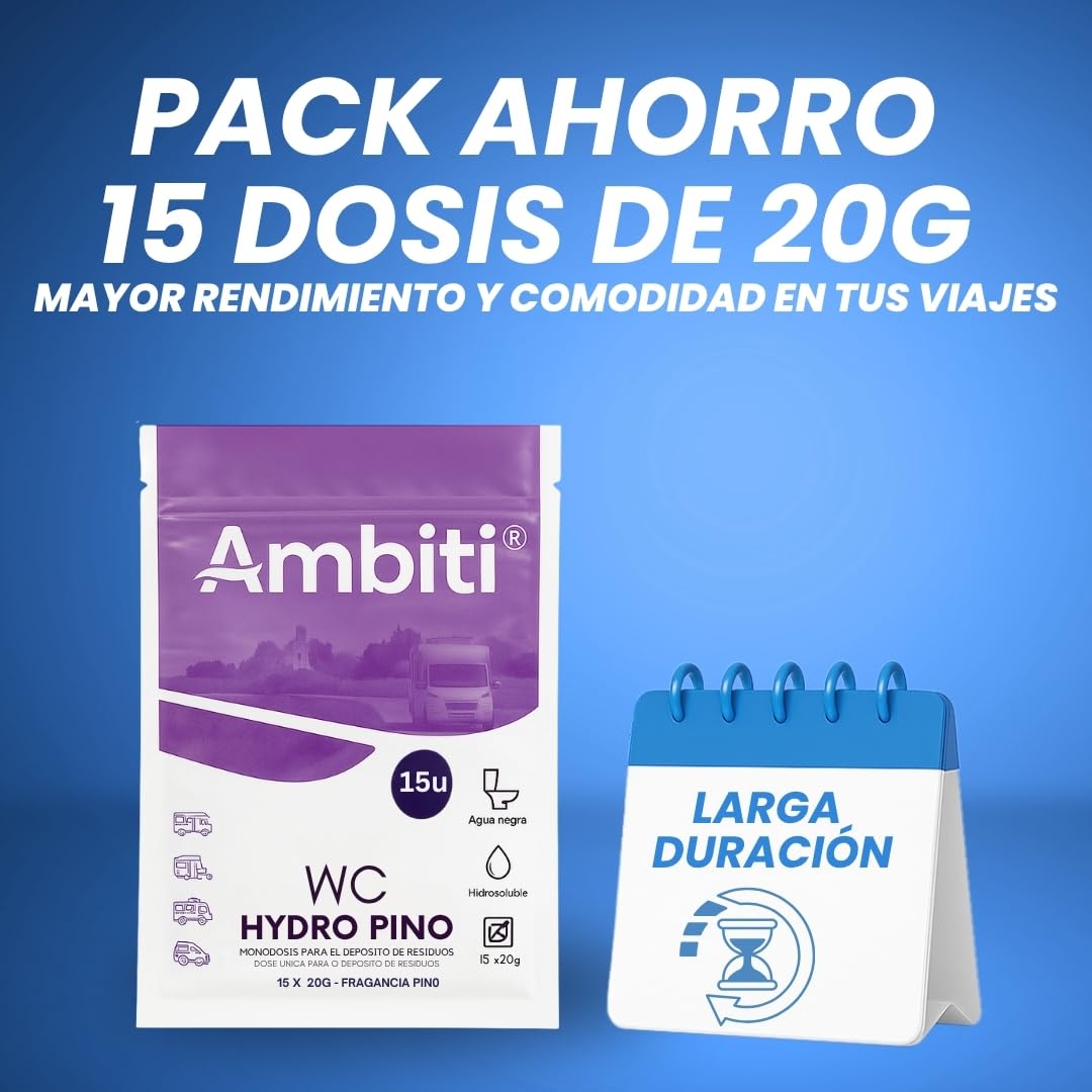 Ambiti | WC Hydro | Monodosis Hidrosolubles para Depósito de Residuos de Autocaravanas,Caravanas y Campers| Antibacteriano| Elimina Deshechos Orgánicos y Papel Higiénico| Fragancia Pino| 15ud