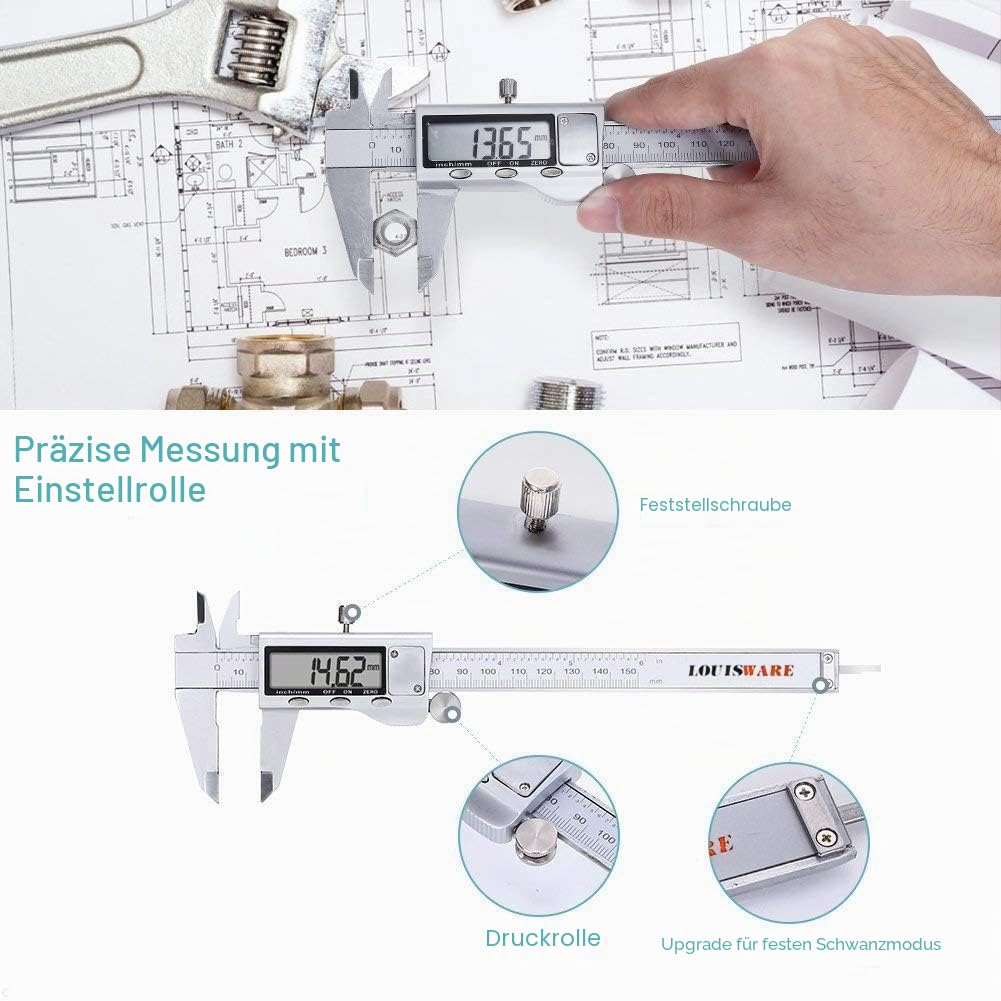Messschieber Digitale 0-150mm/0-6 Zoll, Hochpräzise Edelstahl Schieblehre, Elektronischer Digitaler Schieblehre, Messschieber, für Innen, Außen&Stufen Messung, LED-Anzeige, Haushalt und Industrie