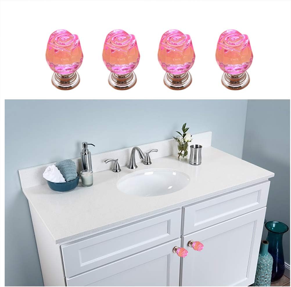 4 Pcs SelfStick Knobs Pull Handle Crystal Glass Flower Rose