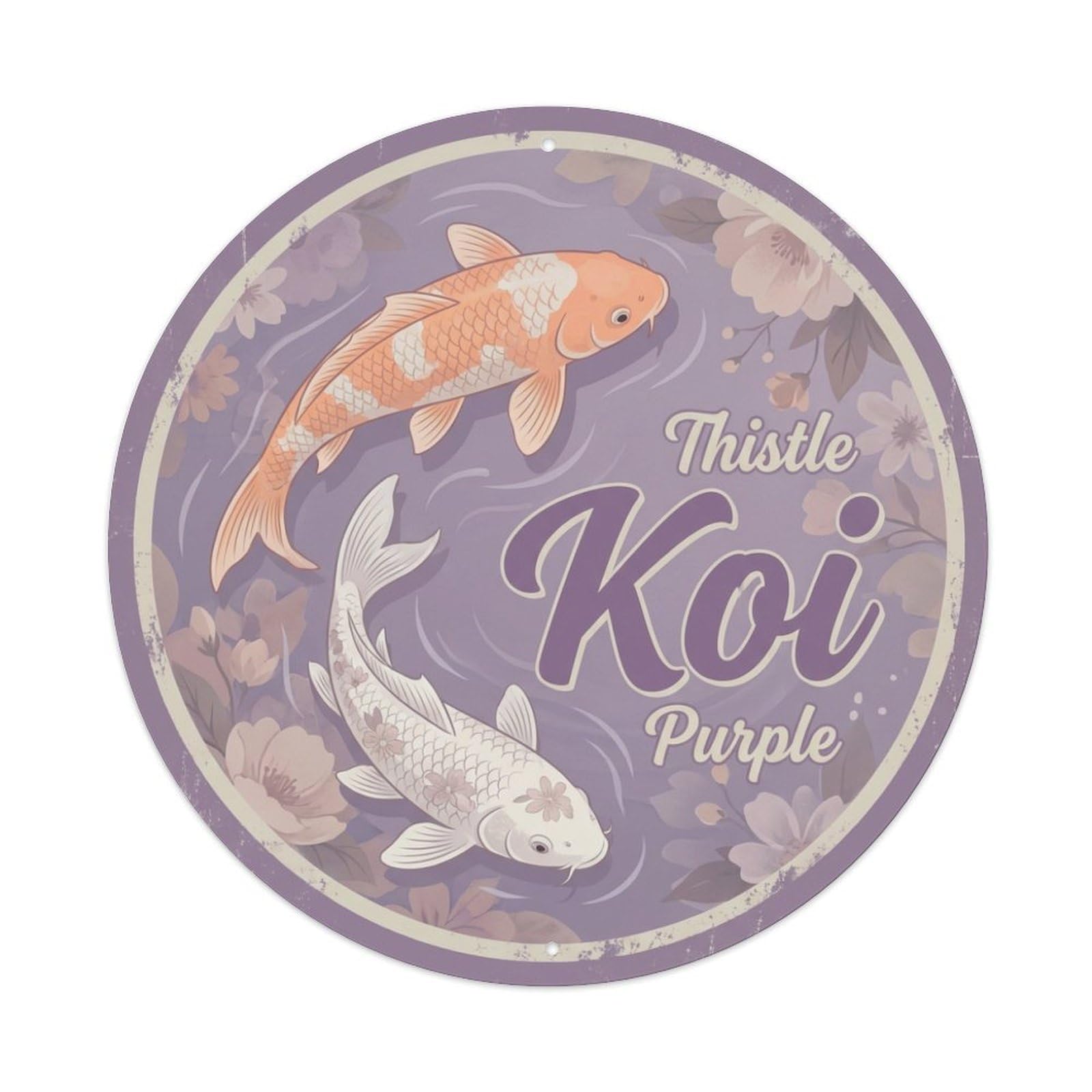 Koi Fish Thistle Purple Waters Soft Floral Muted Gentle Metal Tin Sign