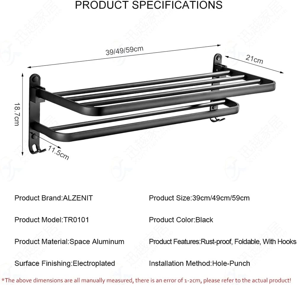 Towel Rack Folding Holder with Hook Bathroom Accessories Wall Mount Rail Shower Hanger Aluminum Bar Matte Black Shelf