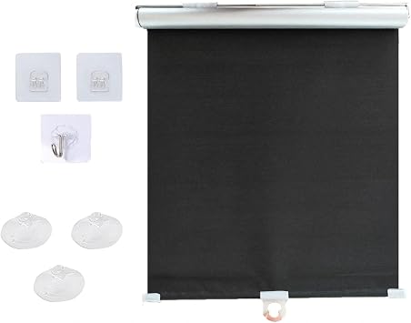 Cordless Window Shades,Waterproof Blackout Roller Blinds,90% Shade Rate,Thermal Insulation roll up Shades,with Suction Cups and Adhesive Hooks, 12/2049in Portable Curtain,Black-65125cm26 * 49in