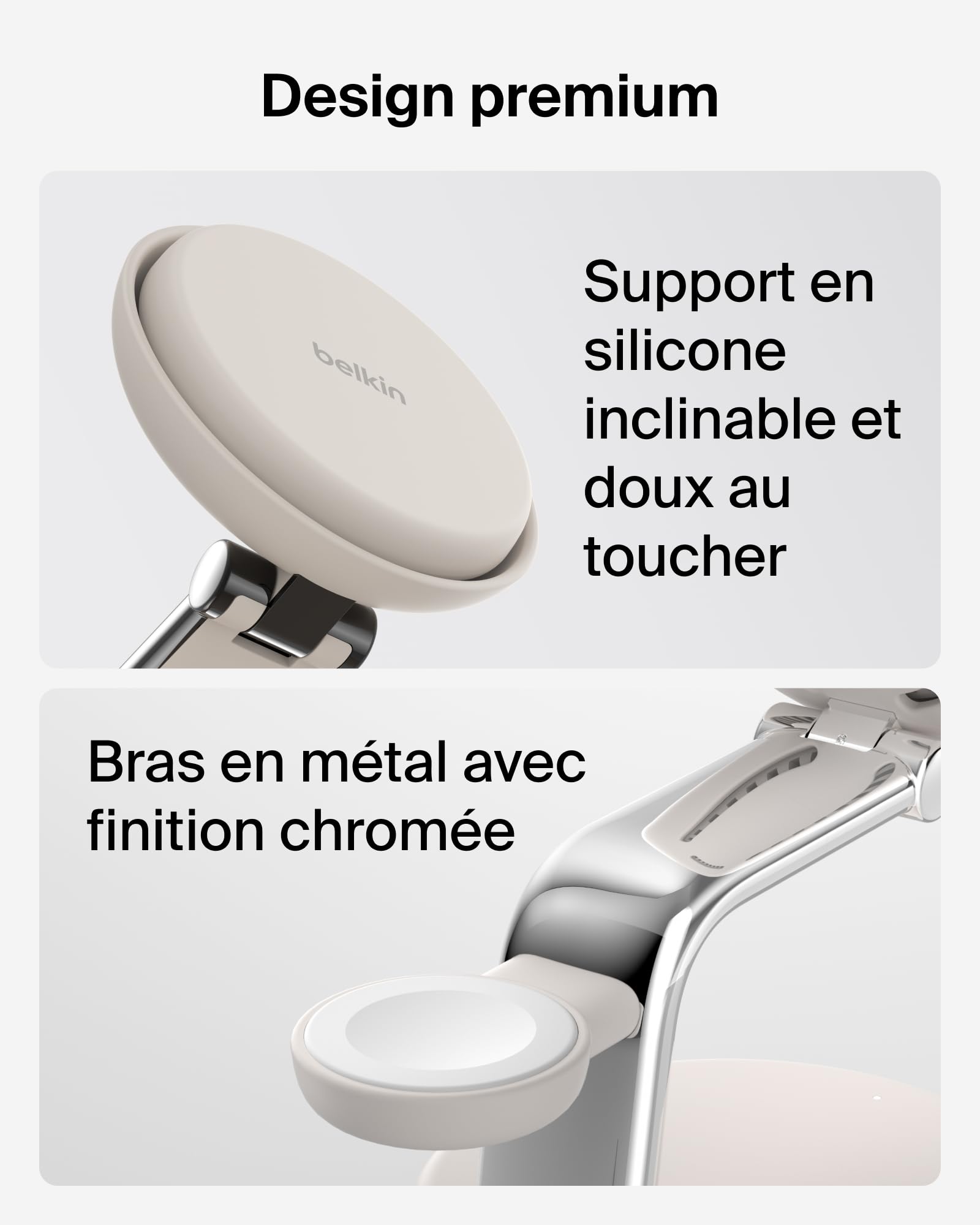 Belkin UltraCharge Pro 3 en 1 Chargeur Induction Qi2 25W, Station de Charge pour iPhone 17, Apple Watch, AirPods, Compatible MagSafe, Beige