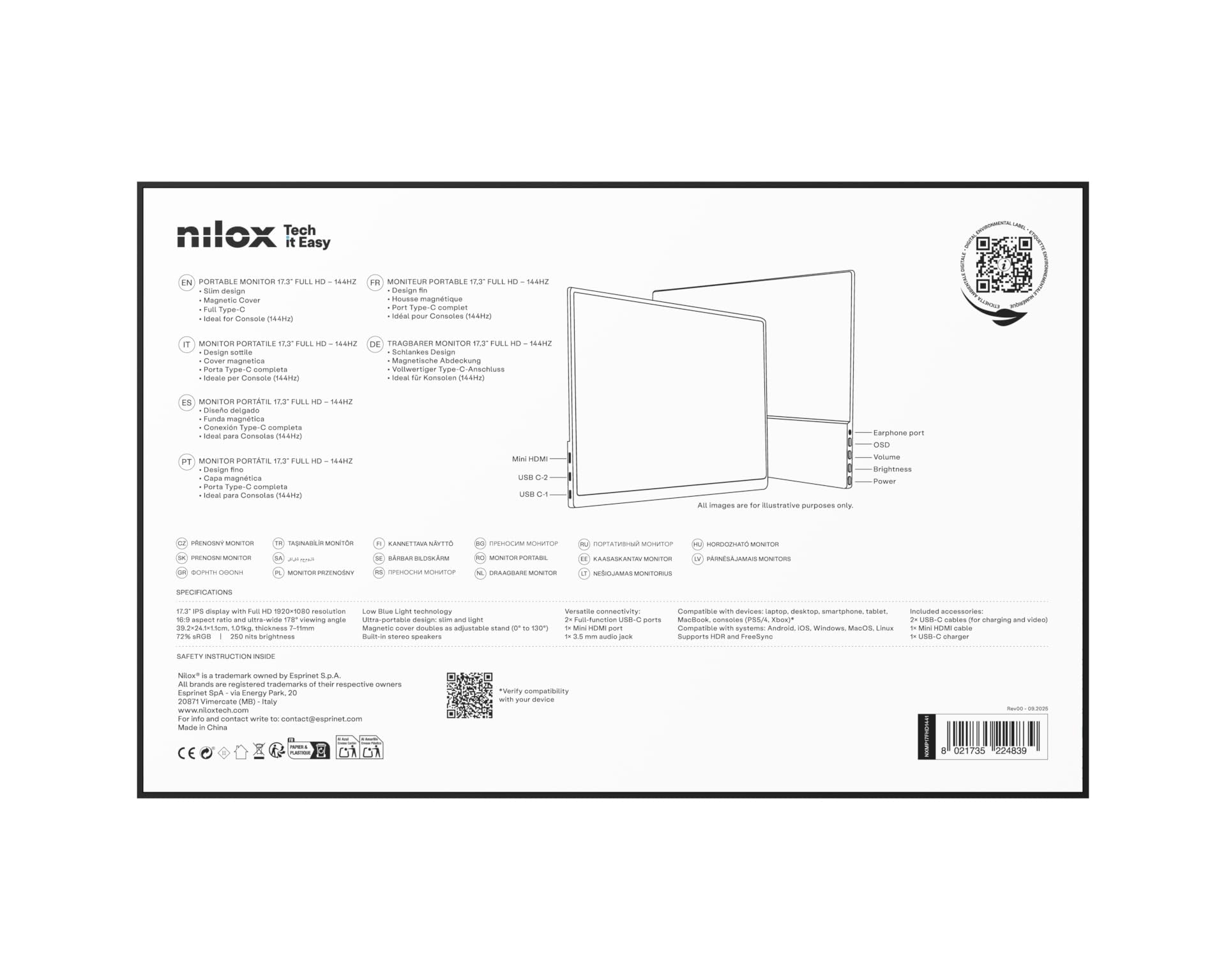 Nilox NXMP17FHD1441 Monitor Portatile 17.3'' IPS Full HD, Frequenza 144 Hz, Connessioni USB‑C e Mini‑HDMI, Design Ultra‑Sottile