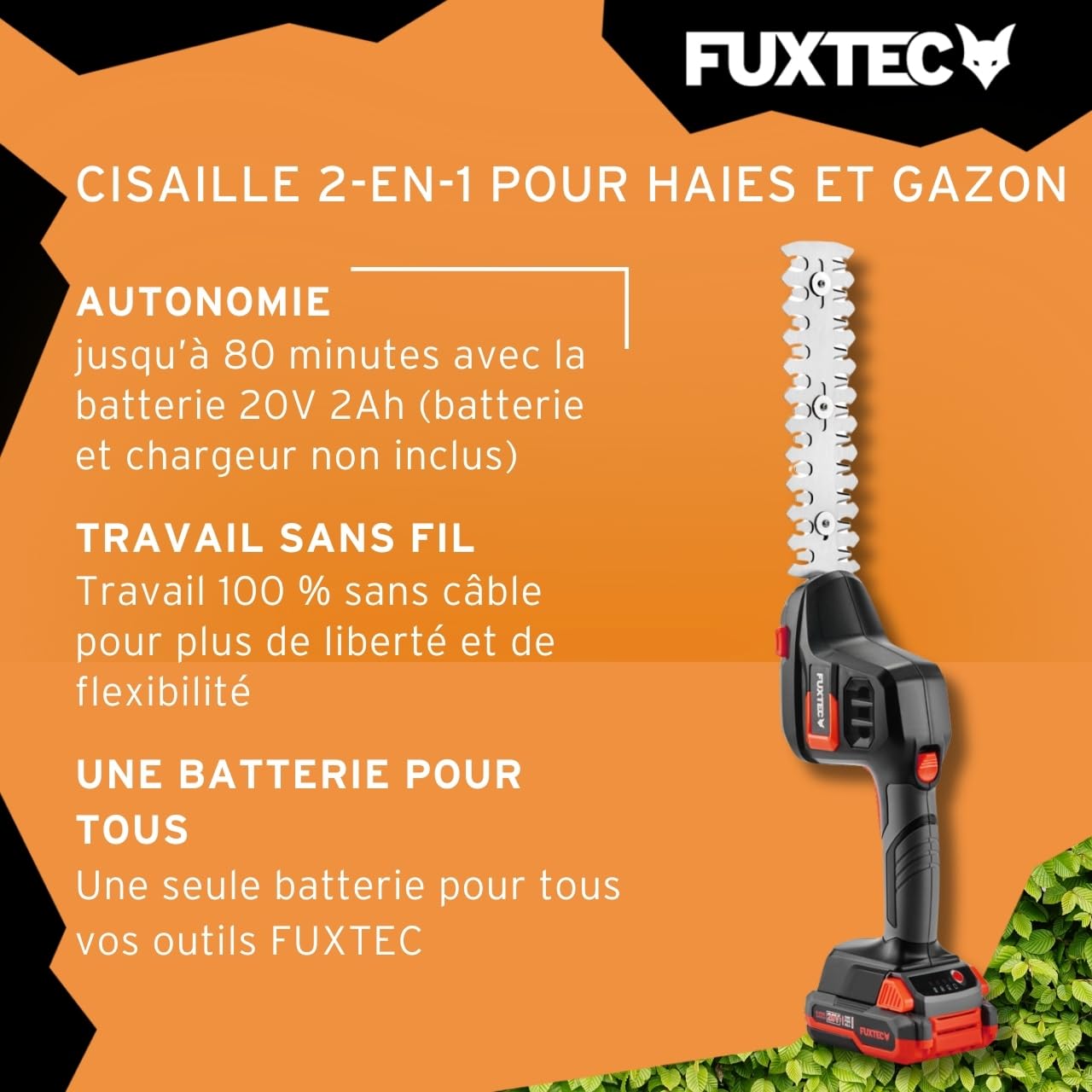 FUXTEC Taille-Haies Manuel sur Batterie 20V FX-E1HHS20-0,67Kg de Poids, Taille de Guide de 20cm, diamètre de 10,5cm, densité Max. de Branches 7,8mm