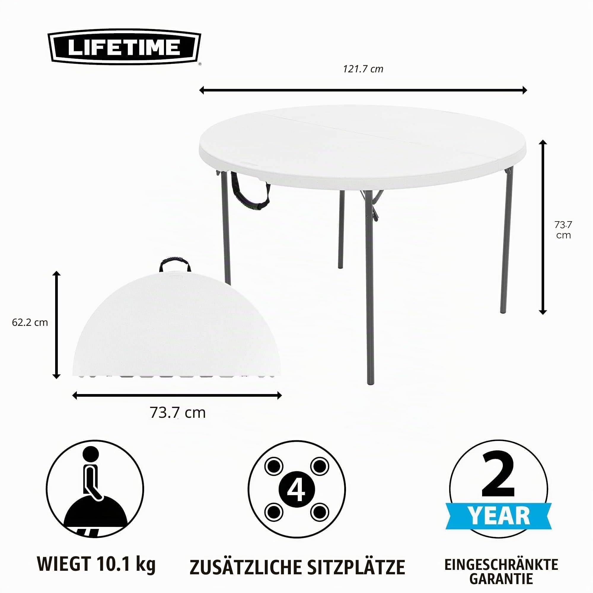 LIFETIME 280064 Büro-Rundtisch, höhenverstellbar, auf die Hälfte zusammenklappbar, 4 Füße (1,2 m), granitweiß