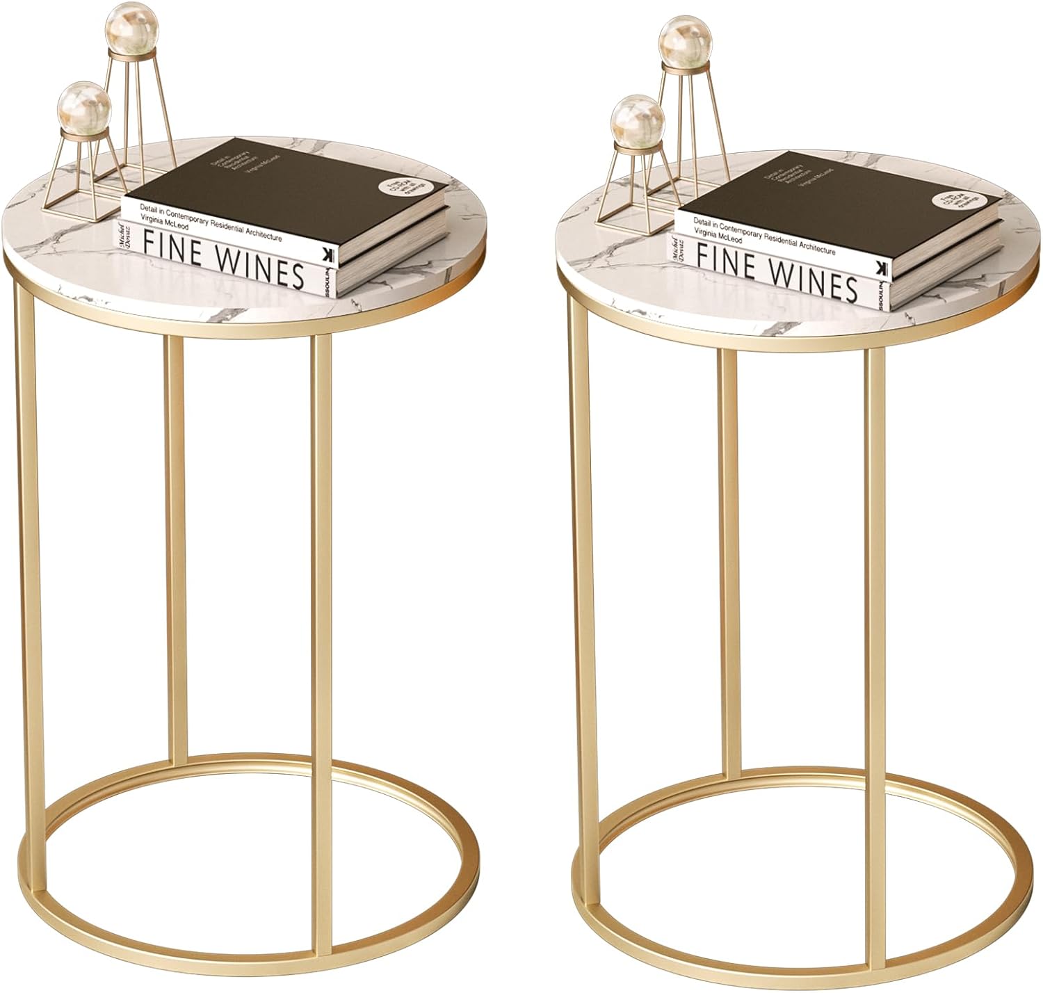 Nathaniel Home 23.5" H C-Shaped Round Sofa Side Elegant Modern-Glam End Snack Table with Metal Frame, Laptop Coffee Holder for Living Room Small Space Gold/White Round