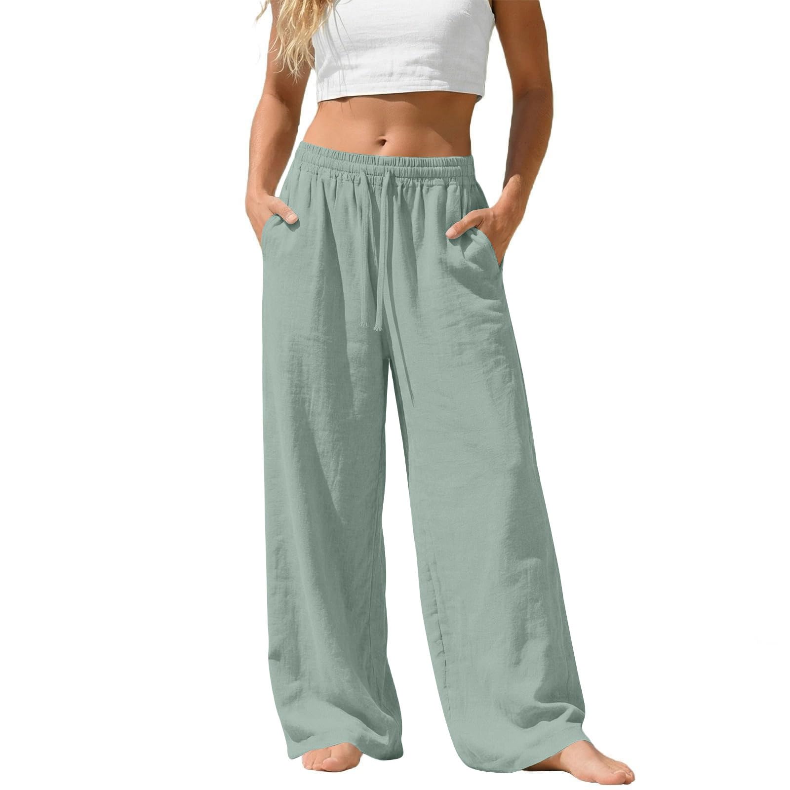Linen Pants Women Summer Baggy Wide Leg Flowy Pants Drawstring High Waistes Slacks Loose Comfy Beach Travel Trousers — view 9