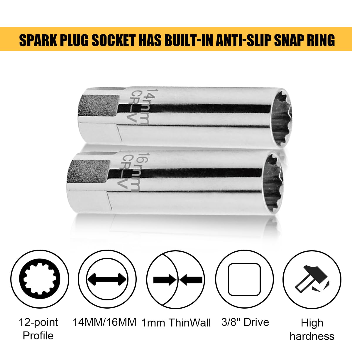 ABN 3/8" Drive Spark Plug Socket Set - 14mm & 16mm Thin Wall 12-Point With Spring Clips