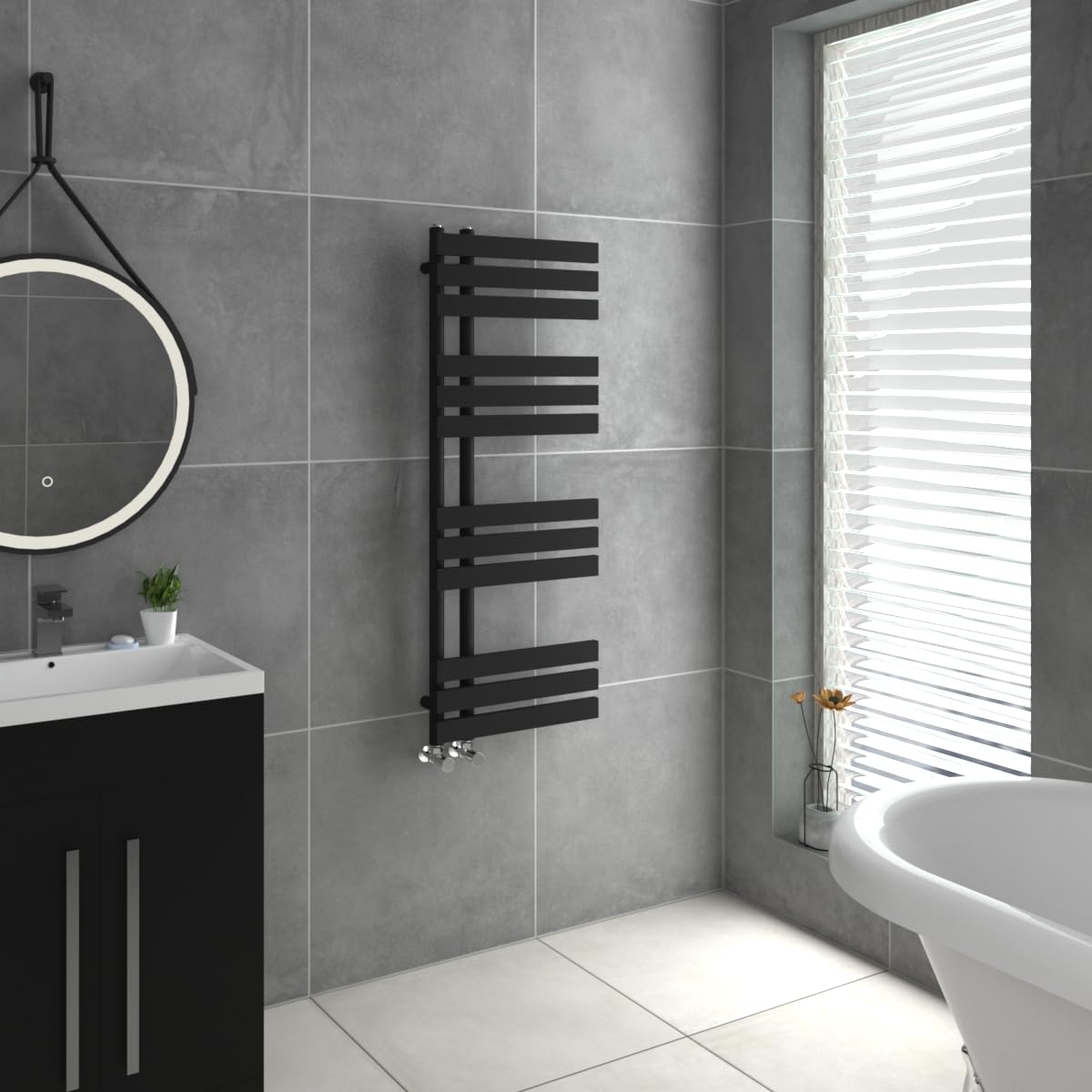 Warmehaus Black Designer Heated Towel Rail D Shape Bathroom Ladder Style Radiator Warmer Central Heating 1200X450mm