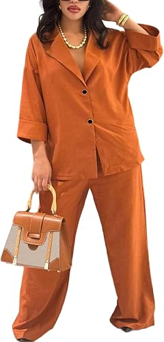 Voghtic Women's 2 Piece Outfits Lounge Sets 3/4 Sleeve Button Down V Neck Shirts