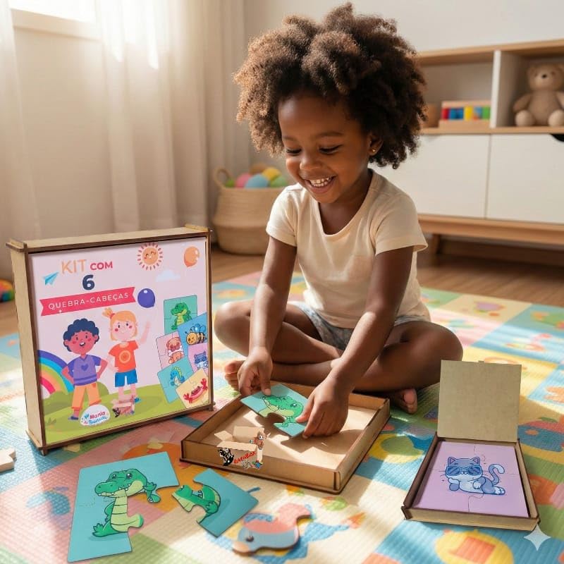 Brinquedo Pedagógico Em Madeira Estojo Kit 6 Quebra Cabeças Infantil Com 4 Peças Cada (Estojo Animais Fofos)