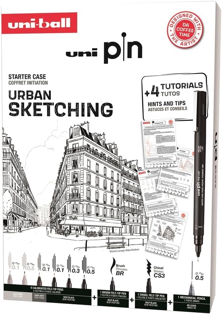 UNIBALL PIN, Urban Sketching 8 Feutres +1 Porte-Mines - Ecriture et Dessin | Uni Mitsubishi Pencil - Initiation à l'Urban Sketching : Pointes Calibrées et Brush, Porte-Mines Shalaku S + 4 Planches Tuto
