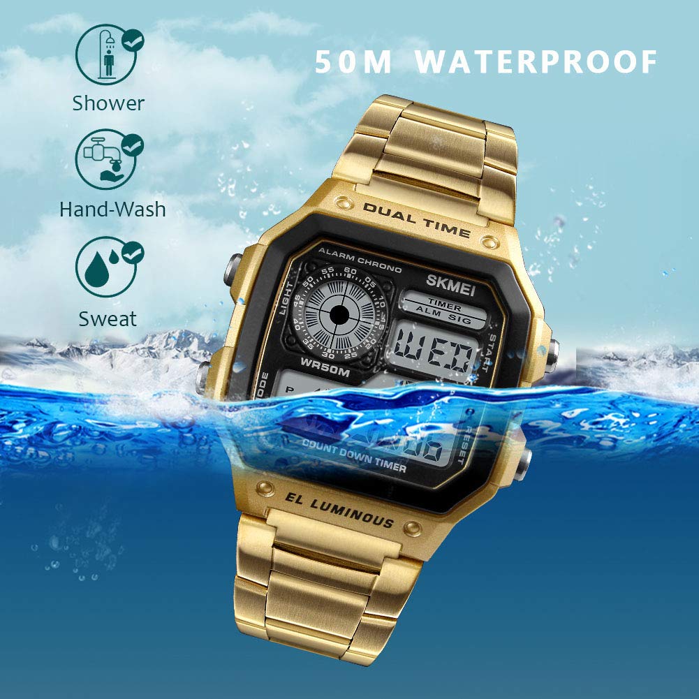 Reloj Hombres Lujo,Relojes Digitales de Lujo, Reloj de Pulsera para Hombre Cuadrado Relojes de Deportes al Aire Libre con Calendario de Alarma Impermeable Retroiluminación del Tiempo (Gold)…