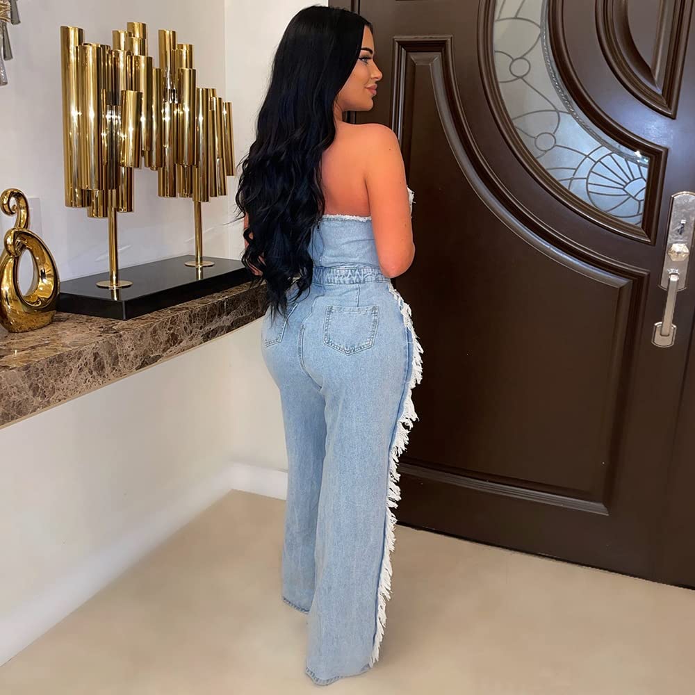 Femmes Jeans déchiré Strapless Denim Jumpsuit, 2023 Summer Ladies Off Shoulder Sexy Solid Color Classic Fit Personality Holiday Sets