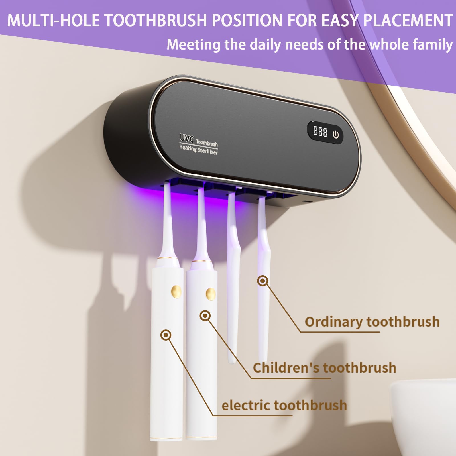 Portaspazzolino per bagno, portaspazzolino elettrico con ciclo intelligente 24 ore di pulizia e asciugatura ad aria calda, display a LED, porta spazzolino da denti ricaricabile da parete (nero)