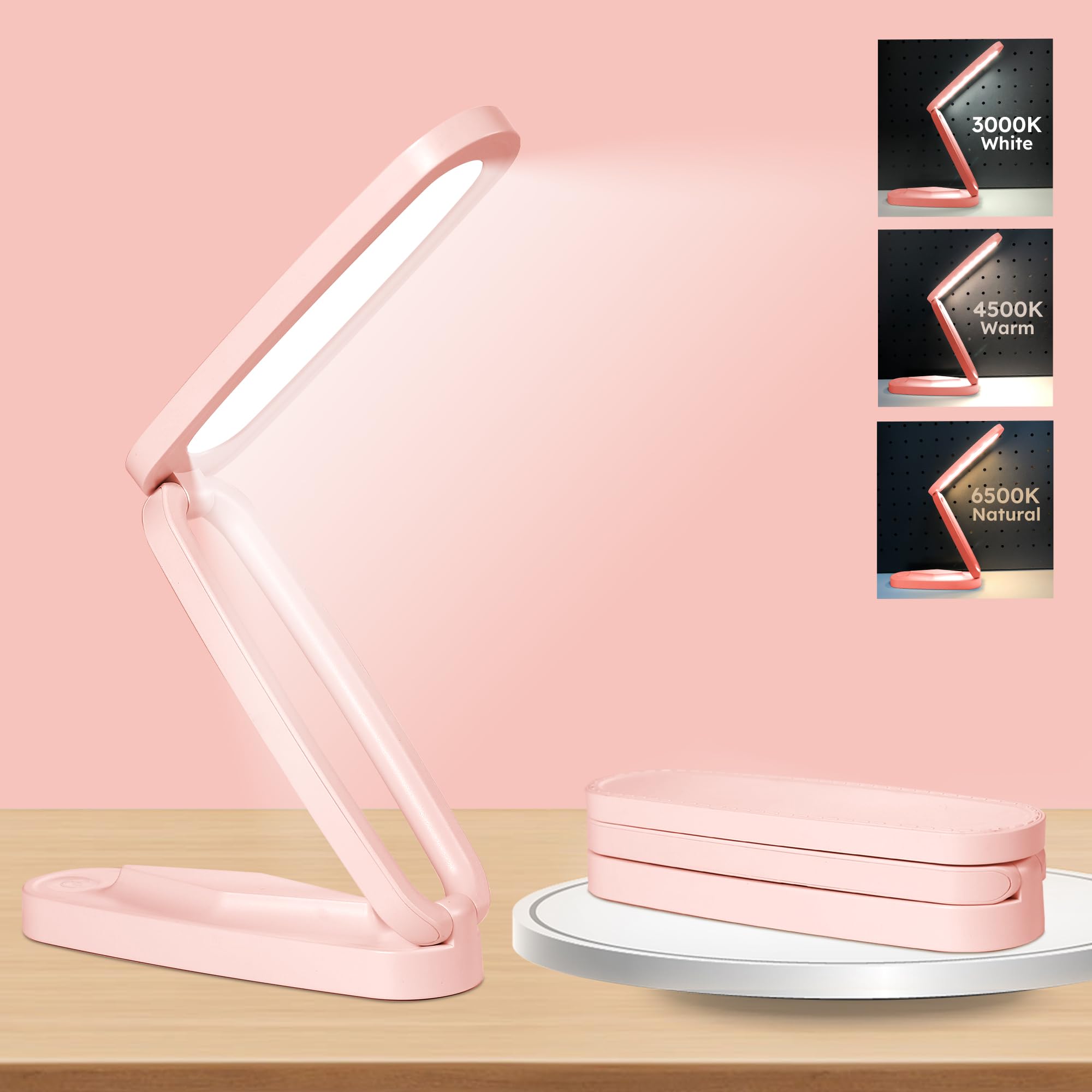 Pink Rechargeable Desk Table Lamp - Small LED Office Home & Battery Operated Cordless Reading Lamp Foldable & Portable Light,3 Color Temperatures and Brightness Dimmable Wireless Bedside Desk Lamp