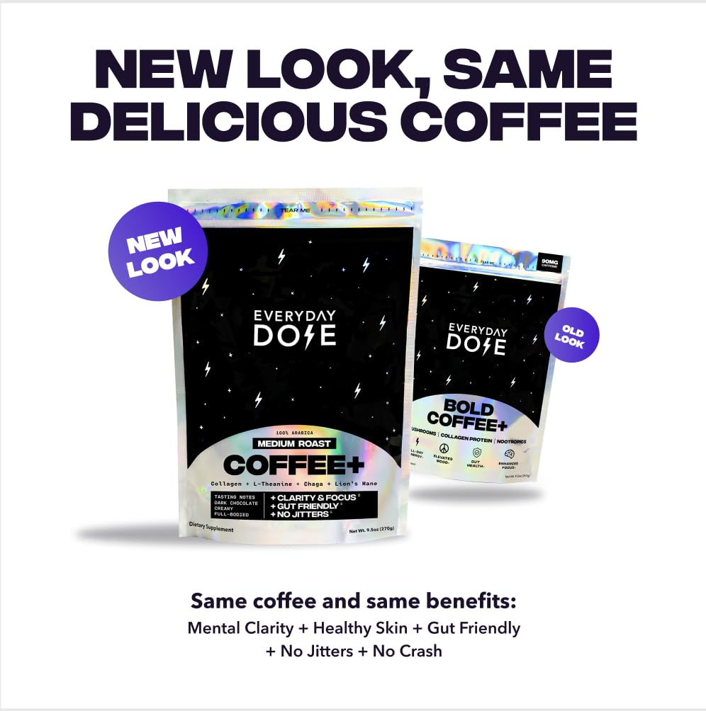 Everyday Dose Bold Medium Roast Mushroom Coffee 90mg Caffeine per serving with Grass-Fed Collagen, Chaga, Lions Mane & L-Theanine for Better Focus, Energy, Digestion, Skin, and Immunity 30 Servings - Image 6