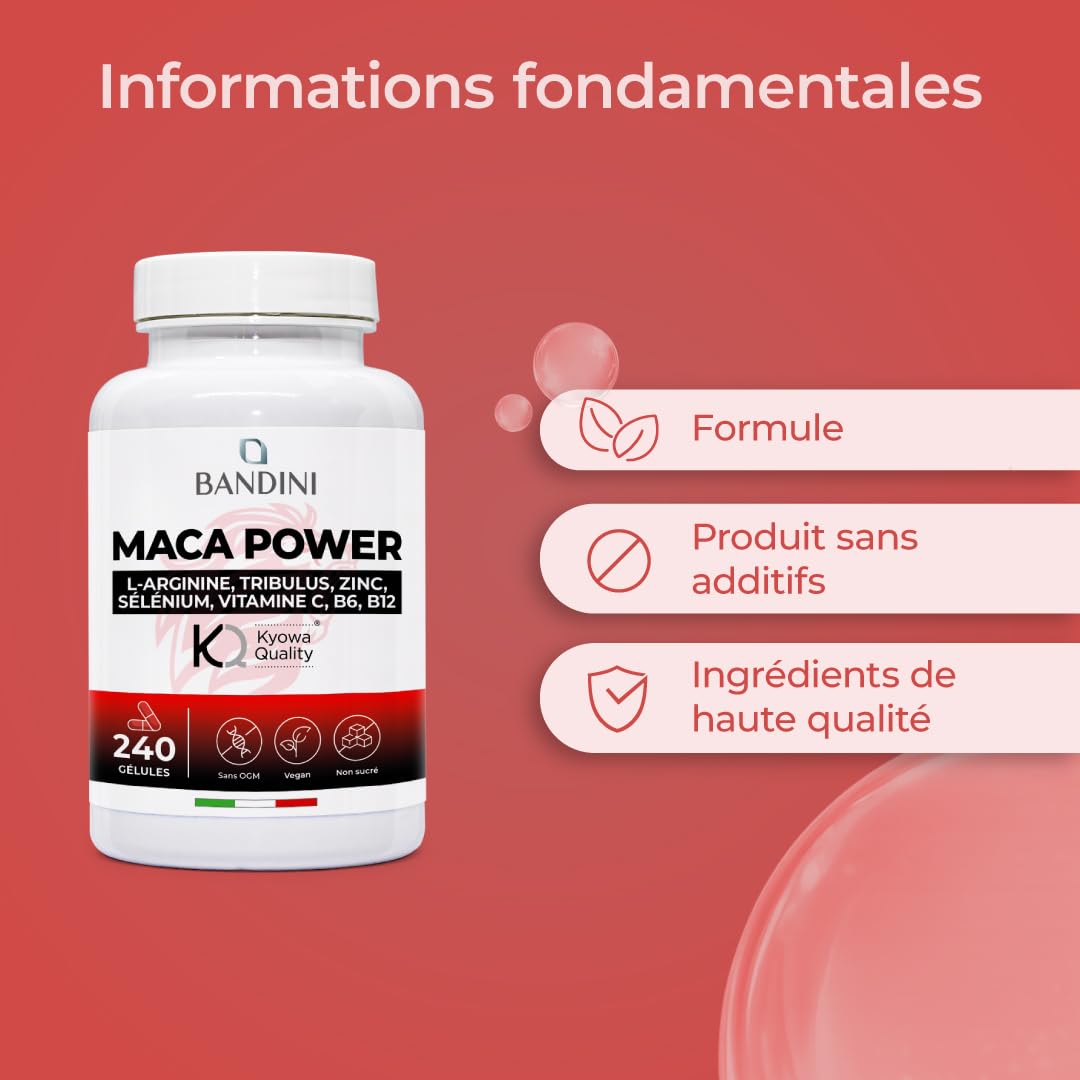 Bandini® MACA POWER 240 Gélules - Maca noire enrichi avec Arginine Kyowa® + Tribulus + Vitamine C + Zinc + B6 + B12 + Sélénium - Anti-stress, augmente Endurance et Énergie - 100% Vegan