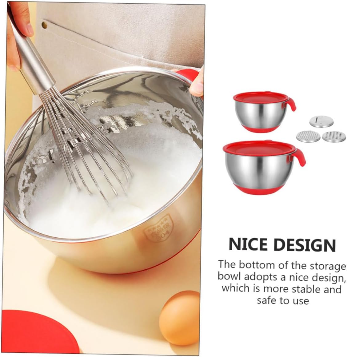 Stainless Steel Mixing Bowls Set with Silicone Bottom and Red Handles, 18cm 20cm Diameter, Includes 2 Lettered Lids and 3 Graters, Multi-function Kitchen Salad and Noodle Bowls