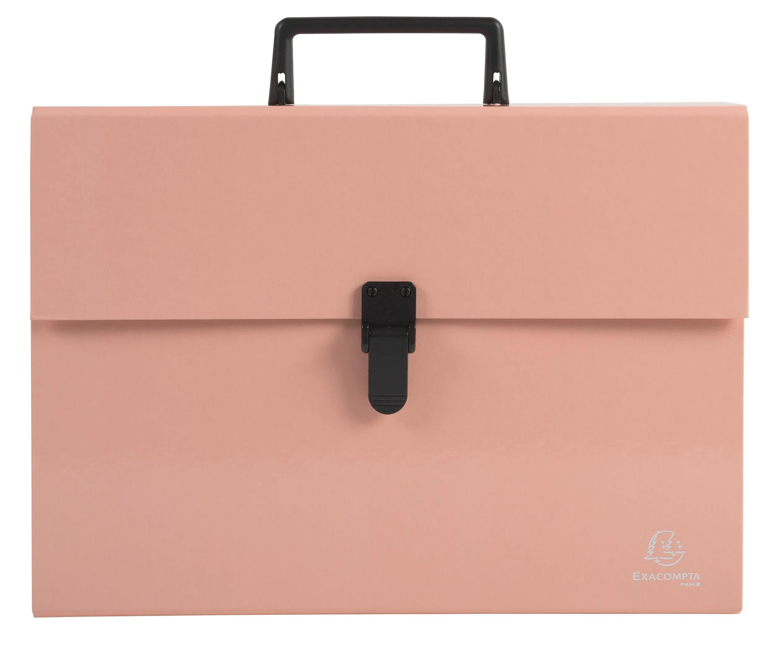 Exacompta - Ref 56767E - Box of 4 case File with Aquarel Handle - Reinforced Multi-Coloured Gussets - Clip Button Closure - 18 compartments - Size 32x24cm - for A4 - Coral