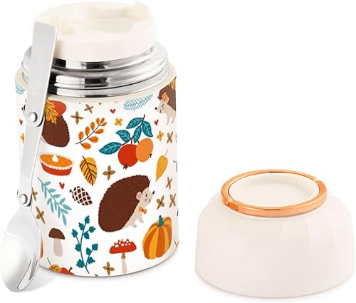 MCHIVER Hedgehogs Pumpkin Food Jar with Spoon Stainless Steel Vacuum Insulated Food Container 17 oz Thermos for Adults