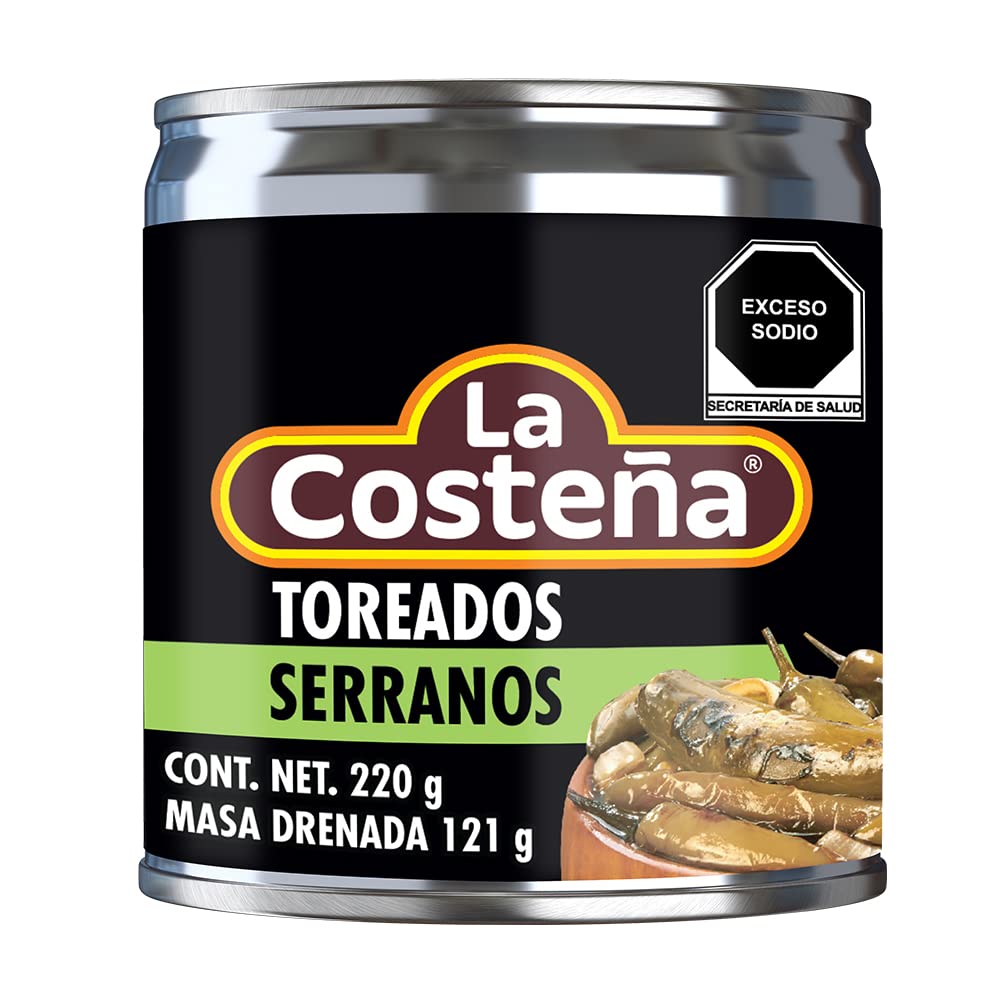 La Costena Serrano Toreados 220g / Mexican Spicy Roasted Serrano Chilli Peppers, Canned Chillies, Hot Pickled Serrano Peppers