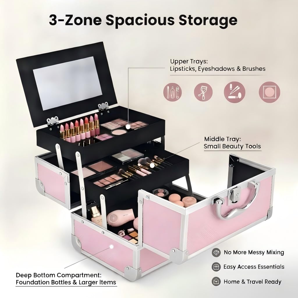 Custodia per trucchi con specchio: organizer rigido per cosmetici con serratura a 3 livelli, può contenere oltre 100 rossetti, spaziosa custodia da viaggio per accessori per nail art, regalo per gli