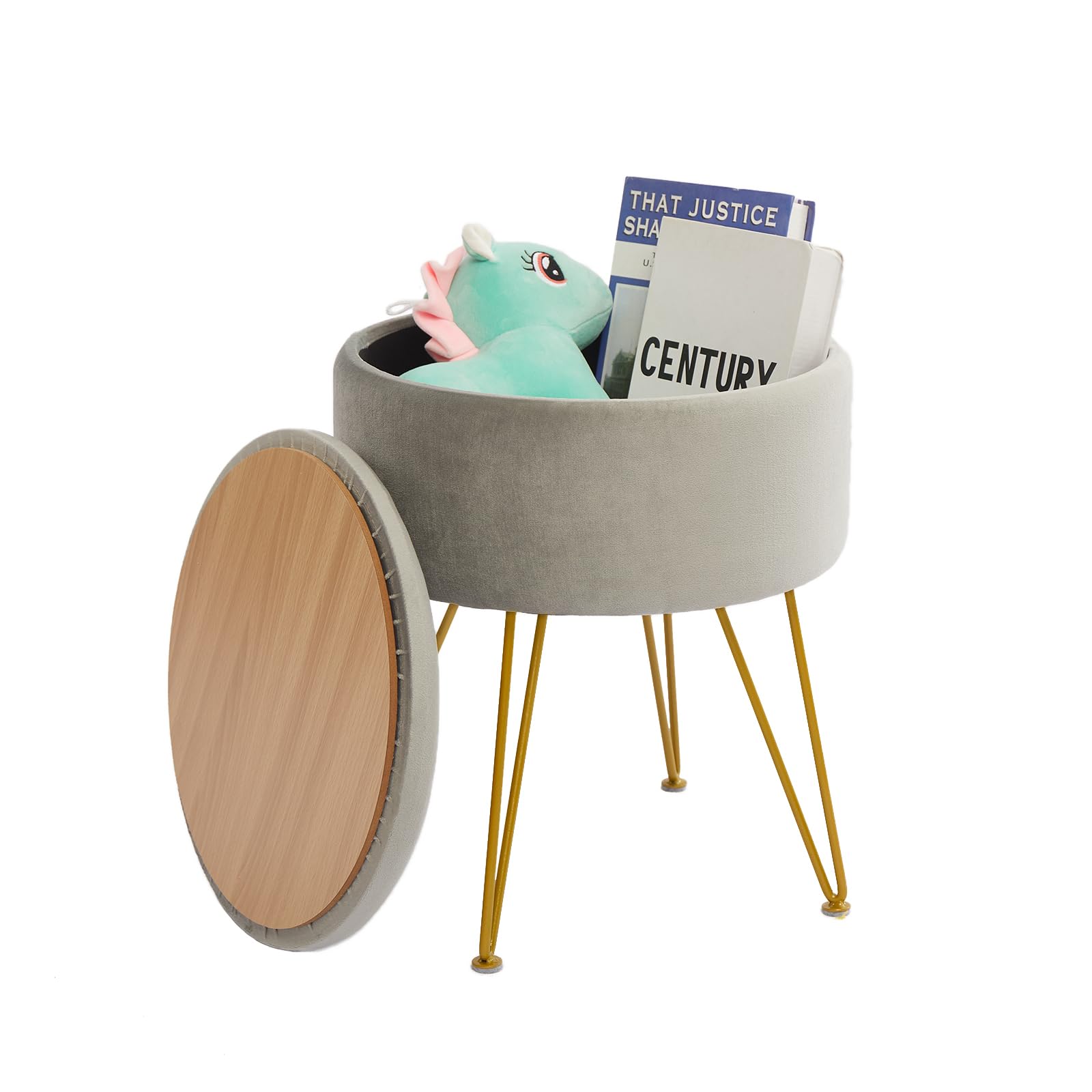 Photo 1 of Round Vanity Chair with Storage, Velvet Upholstered Footstools with Removable Cover & 4 Adjustable Legs, Soft Padded Seat, Modern Vanity Stool for Living Room, Bedroom, Grey