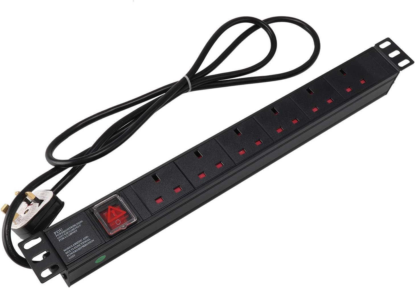 XForm PDU 6 WAY UK - 1U rack-mounted UK 6-unit 13A Multi Plug PDU Power Strip Network Cabinet Rack Socket Black Color Standard Outlet Switch Supply Power Distribution aluminum (6-Outlet)