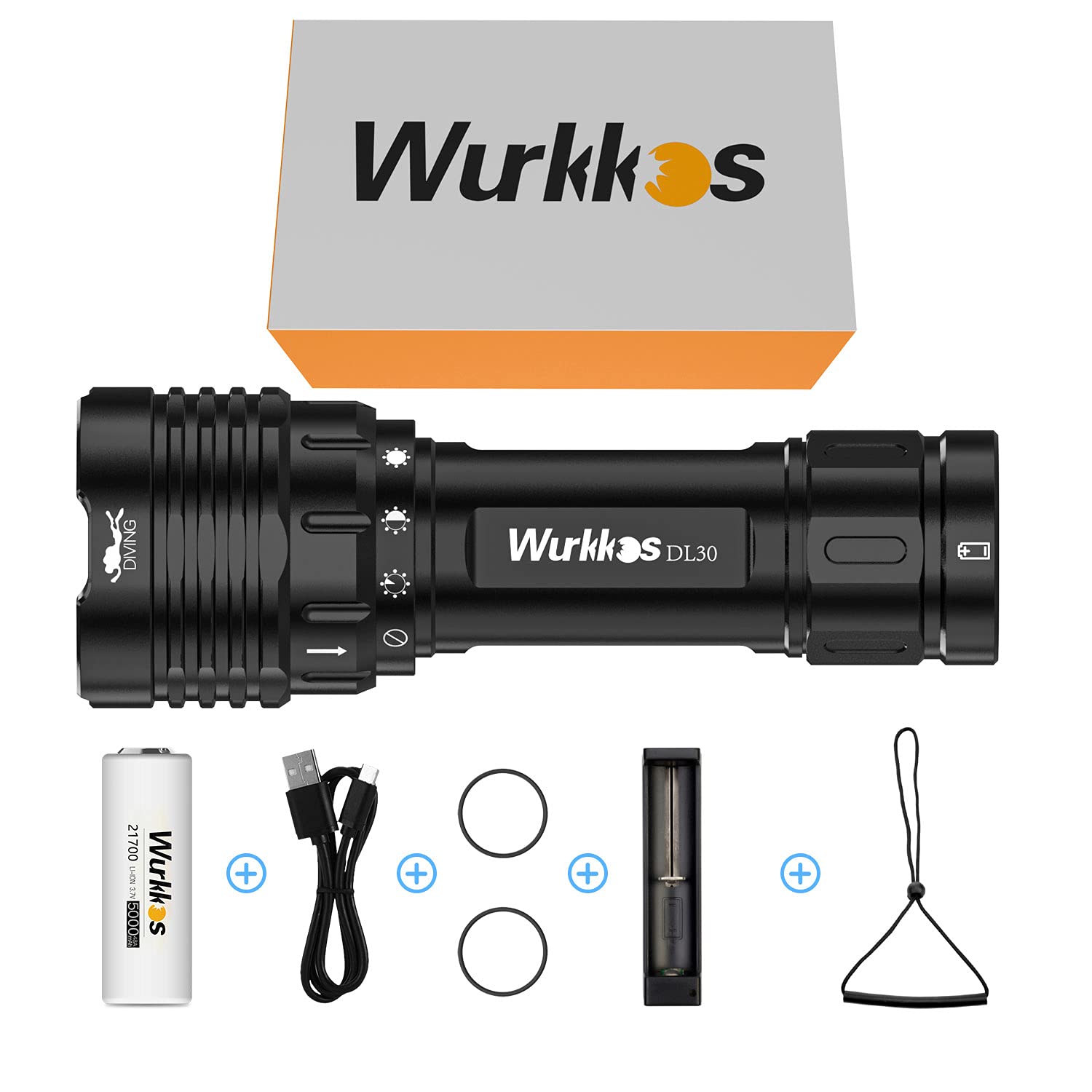 Wurkkos Dl30 Latarka do nurkowania, 3600 lumenów, latarka do nurkowania do 100 m, 3 × Lh351D 5000K LED, ładowalna latarka 5000 mAh, wodoodporna IPX8, sprzęt