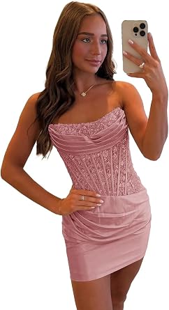 Maxianever Strapless Dusty Rose Homecoming Dresses 2025 Short Corset for Teens Sparkly Sequin Satin Cocktail Party Gown 4