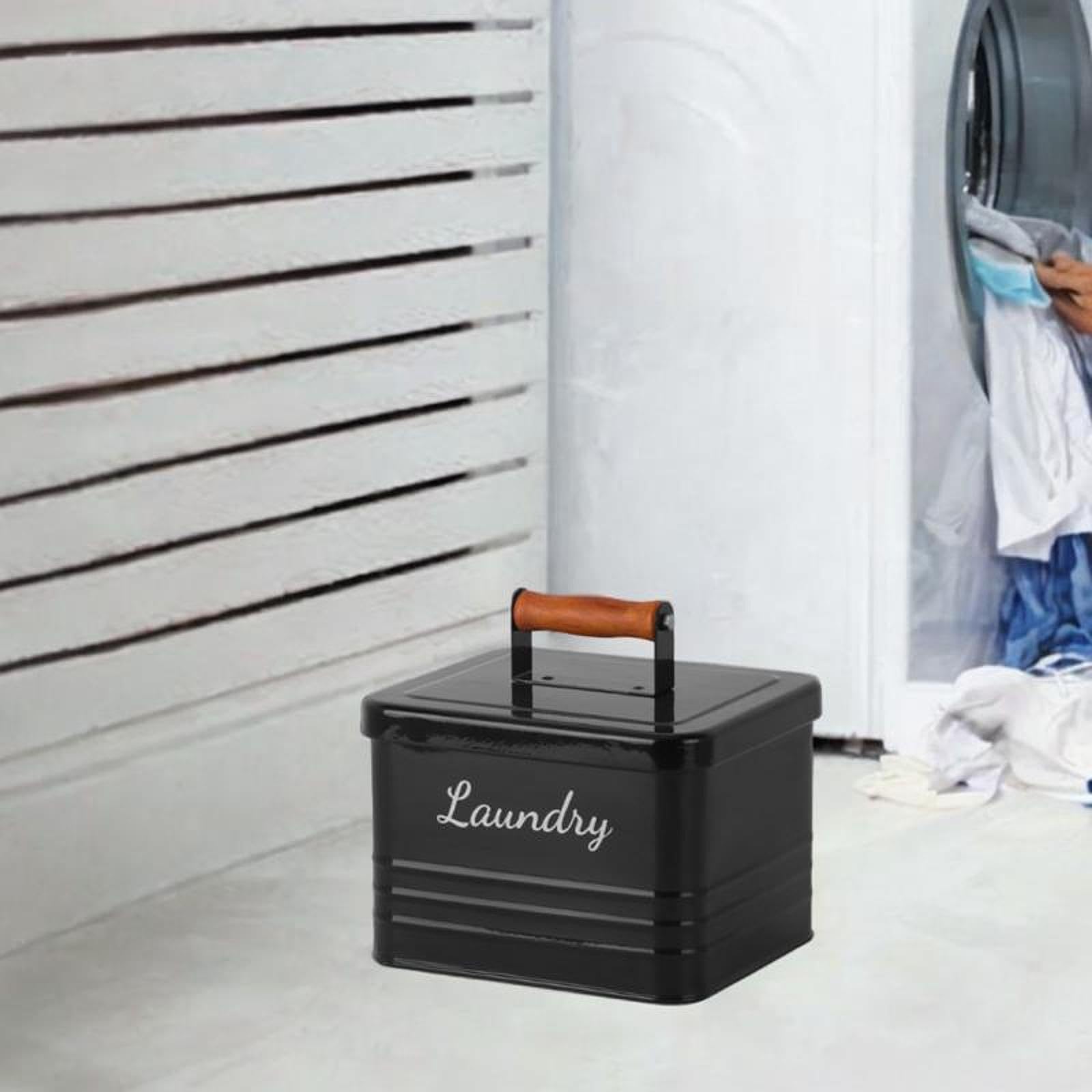 Qianly Wäschereischalen Lagerbehälter Waschkapsel Halter Eisenlagerbox Holzgriff für Zuhause, Schwarz